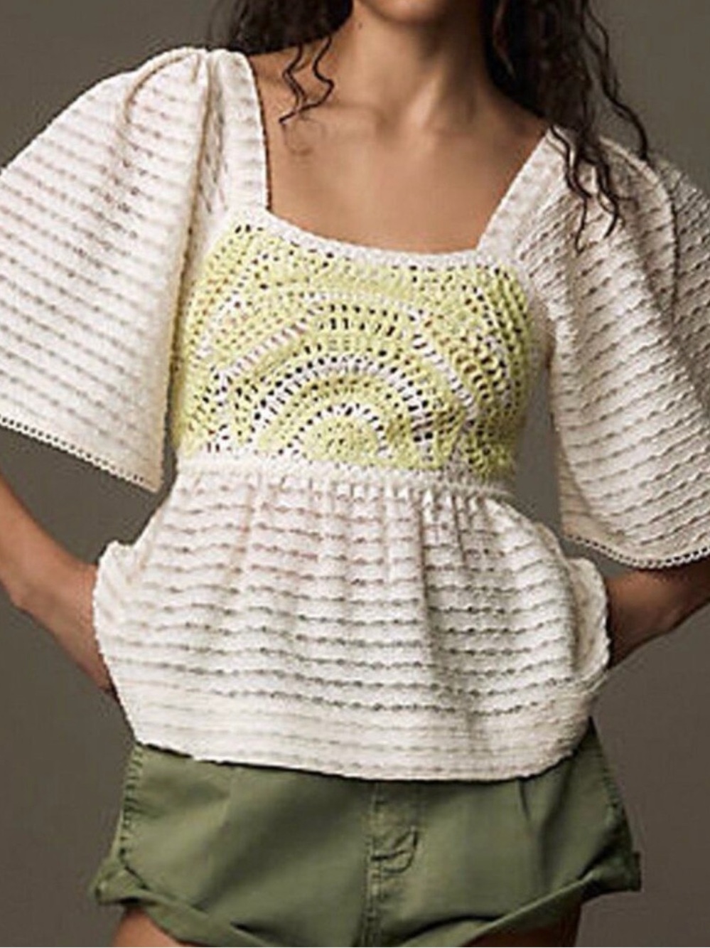 Sarah Hann White Crochet Peplum Top with Yellow Inset